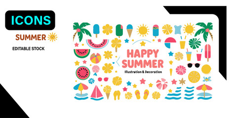 Happy Summer – Flat Kawaii Beach Icons Set