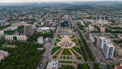 Aerial view cityscape of Victory Square in the city of Bishkek, the capital of Kyrgyzsta