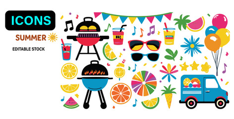Happy Summer – Flat Kawaii Beach Icons Set