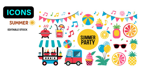 Happy Summer – Flat Kawaii Beach Icons Set