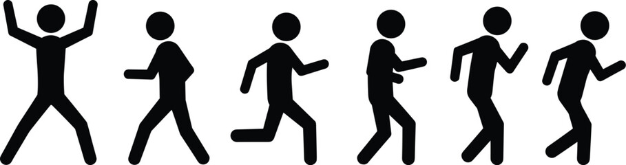 Stick figure walking, running, jumping, silhouette illustration, vector person icon, man in motion, exercise graphic, human movement, fitness pose, black figure action clipart