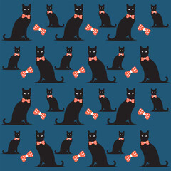 cat with polka dots bows seamless pattern on dark blue background vector illustration