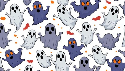 Spooky Halloween ghost seamless pattern  Vector cartoon doodle illustration, white background, perfect for gift wrap, whimsical, fall