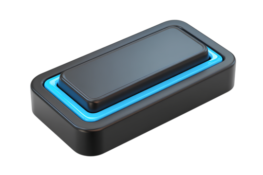  Rectangular Push Button Switch with Illuminated Edge and Soft Blue Backlight, Angled View Isolated on Transparent Background PNG - Powered by Adobe