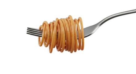 Spaghetti strands wound around the tines of a silver fork    .ai generative, transparent background, white background. isolated on white background