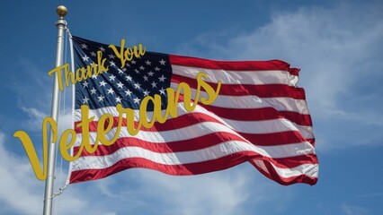 American flag waving with thank you veterans text overlay against a blue sky backdrop outdoors