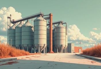 Obraz premium Grain storage facility featuring a pneumatic conveyor system and silos