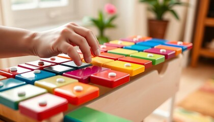Fototapeta premium Tiny hands strike colorful xylophone keys; sweet sounds fill bright room, colorful, melody