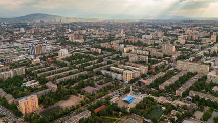 Aerial cityscape view of Bishkek capital of Kyrgyzstan at sunset 
