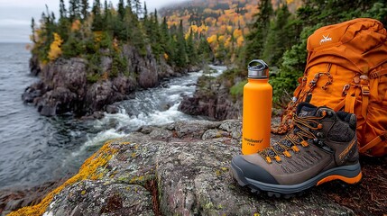 Hiking gear on a rocky shoreline.