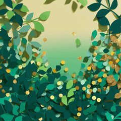 Happy birthday celebration with green leaves and golden confetti on gradient background. Perfect for eco-friendly parties, luxury events, and nature-themed celebrations.