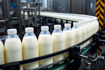 White liquid filled bottles on conveyor belt beverage production
