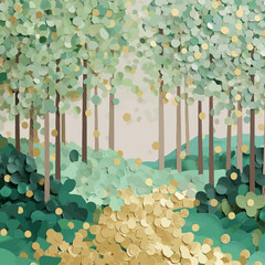 Magical forest scene with golden confetti and green paper circles creating dreamy woodland atmosphere. Perfect for luxury branding, celebrations, and nature-inspired designs