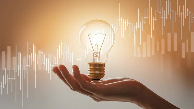 Hand Holding Glowing Light Bulb with Financial Graphs in Background, Symbolizing Innovation and Growth in Business