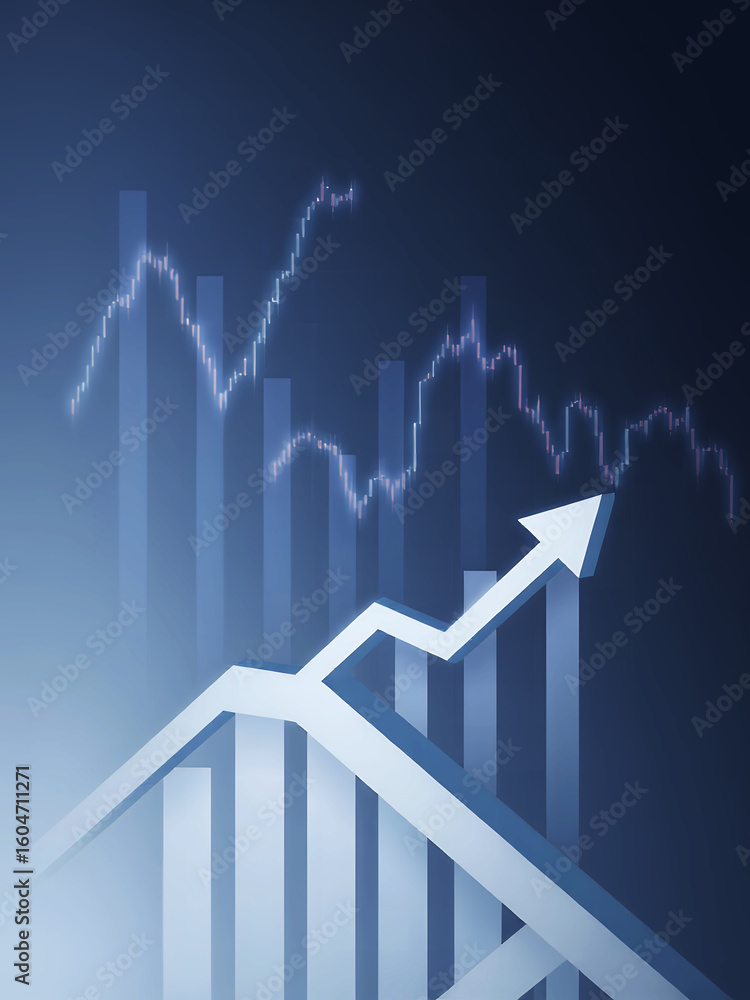 Poster an upward trending arrow with a fluctuating line graph in a blue toned background design