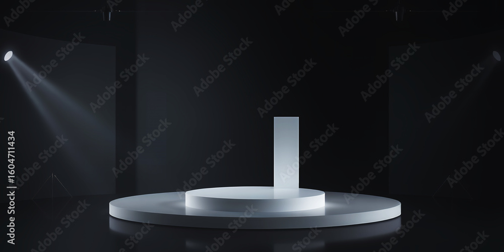Poster a minimalist studio setup featuring a round platform with a rectangular block under spotlights