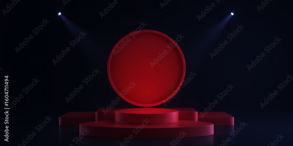 Poster a red circular object hovering above a matching platform under two spotlights in the dark