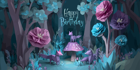  Magical forest birthday celebration with cute foxes, colorful mushrooms and fairy tale atmosphere. Perfect for children's party invitations, greeting cards and fantasy-themed designs