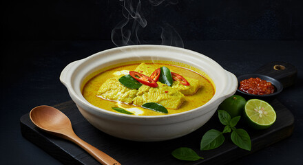 A close-up shot of a steaming bowl of fish curry, showcasing its vibrant yellow color and aromatic spices.