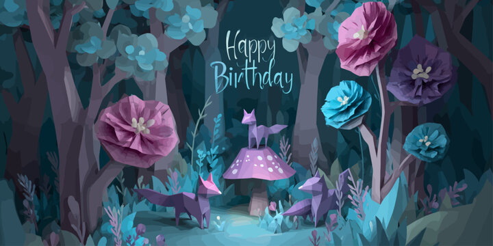 Magical forest birthday celebration with cute foxes, colorful mushrooms and fairy tale atmosphere. Perfect for children's party invitations, greeting cards and fantasy-themed designs