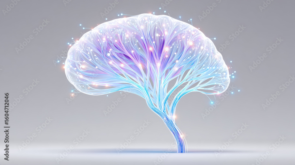 Poster ai concept featuring a glowing computer brain in a 3d illustration.