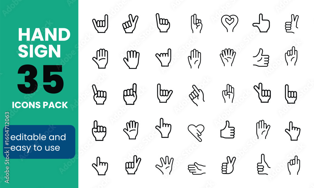 Poster minimal editable line icons of symbolic hand gestures and signs