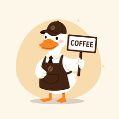Fototapeta premium Cartoon duck barista holding coffee sign in cute illustration 