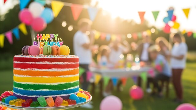 Joyful rainbow birthday cake celebration with family and friends outdoors in sunny garden party setting