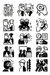 Fototapeta premium A collection of bold, black and white vector illustrations depicting various aspects of labor, industry, and worker solidarity, ideal for design projects.