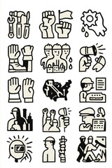 Fototapeta premium A collection of stylized illustrations depicting various aspects of labor, including tools, worker solidarity, and industrial processes, on a white background.