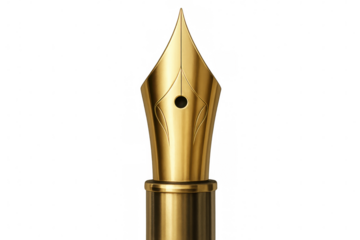 Golden fountain pen nib representing luxury, writing, and elegance, isolated on a transparent background