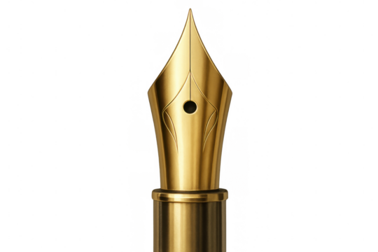 Golden fountain pen nib representing luxury, writing, and elegance, isolated on a transparent background
