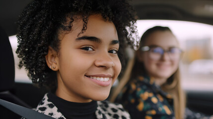 Obraz premium Two young women smiling inside a car, looking forward through the windshield with a blurred cityscape behind them.