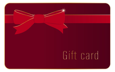 Vector template of a gift card and certificate with a red bow and satin ribbon. Loyalty program, customer gift reward bonus card.