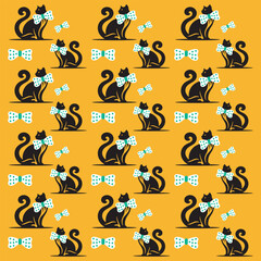 Cat with polka dot bows seamless pattern on yellow background vector illustration