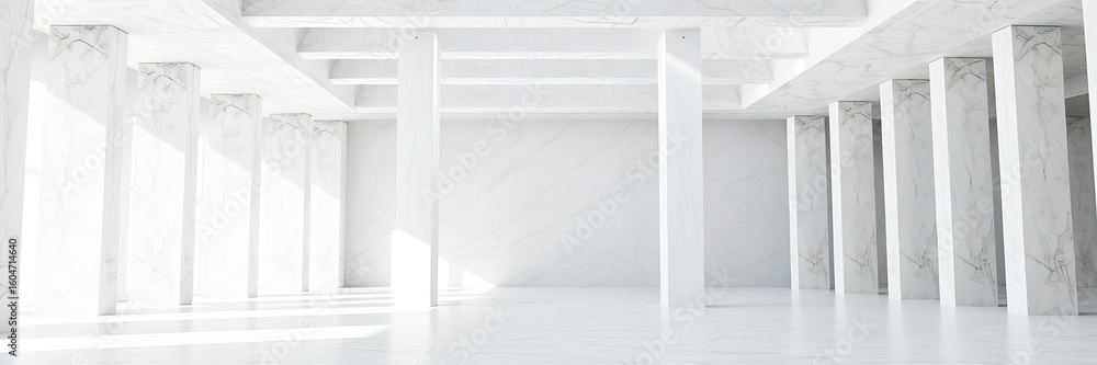 Poster a minimalist architecture featuring white columns and beams creating a bright, airy space