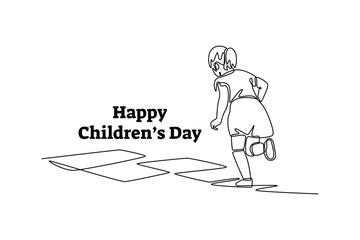 Girl playing hopscotch game drawn. Children day concept. Single line draw design. Vector graphic illustration
