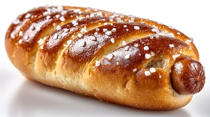 A pretzel roll hot dog sprinkled with salt.