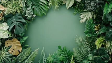 Abundant tropical plants frame empty green space, lush foliage creates a natural border.