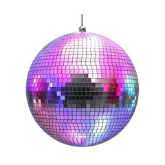 Fototapeta premium Mirrored disco ball reflecting purple and blue lights isolated on a transparent background