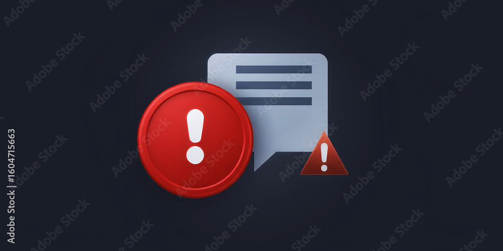 Poster a stylized render of error symbols including a red circle and a message box on dark background