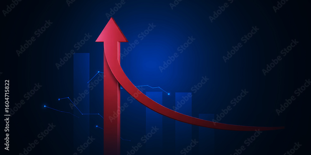 Aufkleber a red arrow curving upwards against a blue background with graph bars and connecting dots