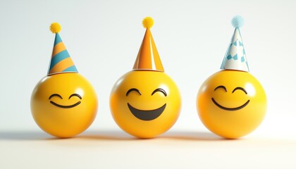 Yellow, Funny, And Happy Emojis Celebrating Smileys Birthday With Party Hats And Happy Birthday In An Empty White Background. Joyful And Festive Atmosphere.