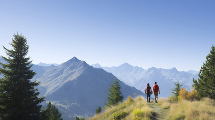 Obraz premium Couple hiking together in the mountains under blue sky. Symbol of outdoor adventure, connection, and wellness. Ideal for travel, relationship, or fitness visuals.