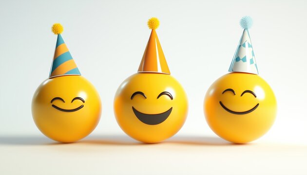 Yellow, Funny, And Happy Emojis Celebrating Smileys Birthday With Party Hats And Happy Birthday In An Empty White Background. Joyful And Festive Atmosphere.