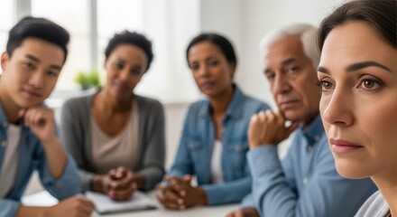 diverse group of individuals in therapy session, seated in bright room, engaging in deep discussion. supportive environment, emotional expression. mental health, counseling, personal growth.