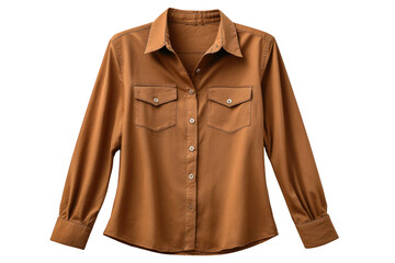 A stylish brown long sleeved button up shirt with double chest pockets isolated on transparent background
