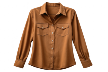A stylish brown long sleeved button up shirt with double chest pockets isolated on transparent background