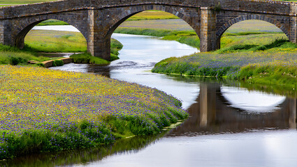 Historic stone arch bridge spanning a tranquil river with vibrant wildflowercovered banks and reflections on a clear day