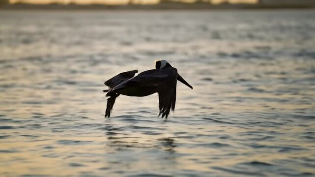 Pelican flies low over water at sunset